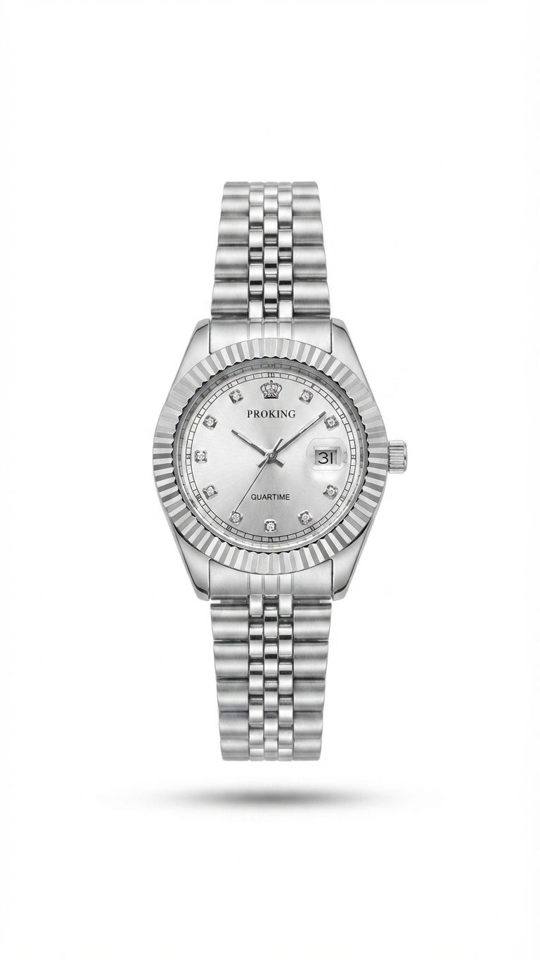 Silver dress watch with fluted bezel, light dial, stainless-steel bracelet