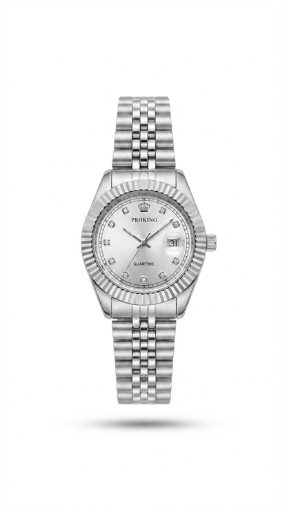 Silver dress watch with fluted bezel, light dial, stainless-steel bracelet