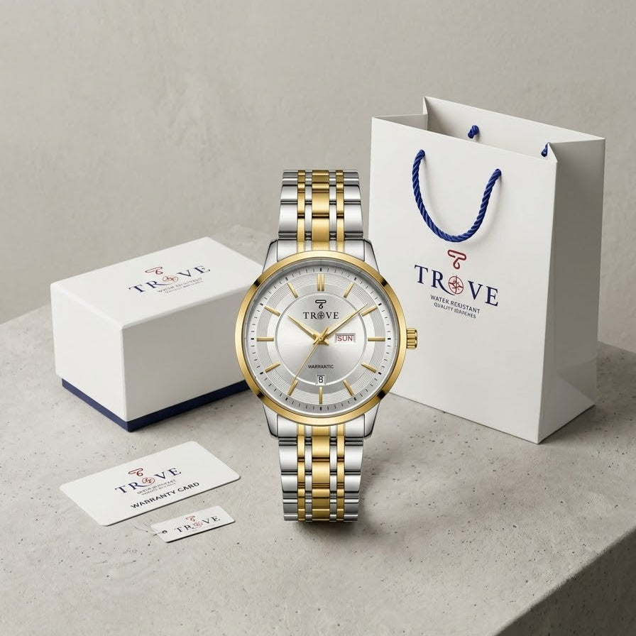 Two-tone bracelet watch with gold and silver links, white dial, round bezel