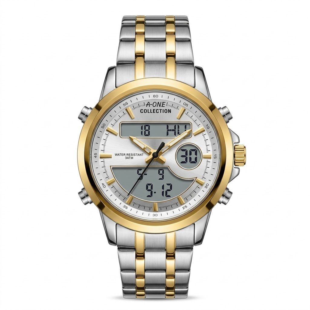 Two-tone dual time watch with grey dial, gold bezel, dual digital subdials and date window