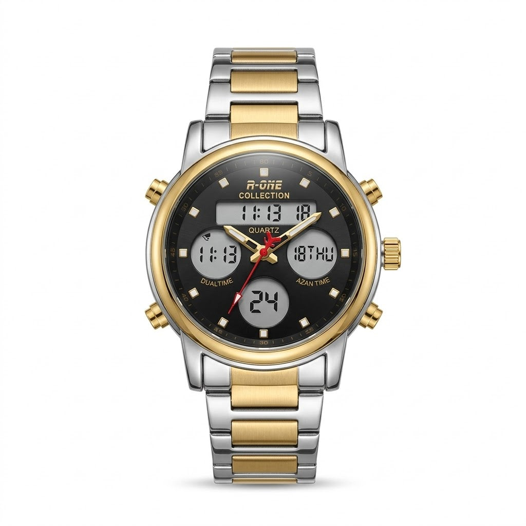 Two-tone dual time watch with black dial, gold bezel, red seconds hand, and digital readout