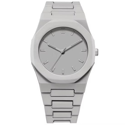 Silver wristwatch with gray dial and linked metal bracelet with rectangular links
