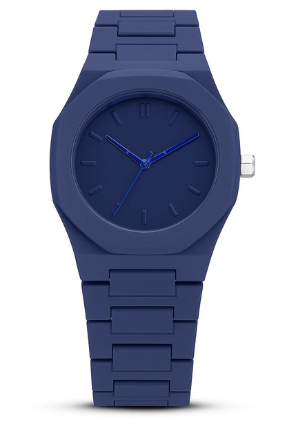 Blue wristwatch with octagonal case, blue dial, and linked blue bracelet