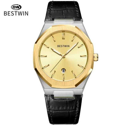 Waterproof leather strap watch, gold-tone case, black strap, gold dial with date window