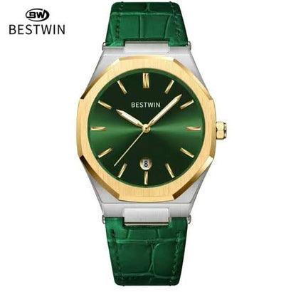 Waterproof leather strap watch, gold-tone case, green strap, green dial