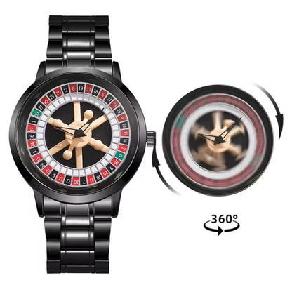 Black rotating wheel watch with steel link band and 360° bezel inset