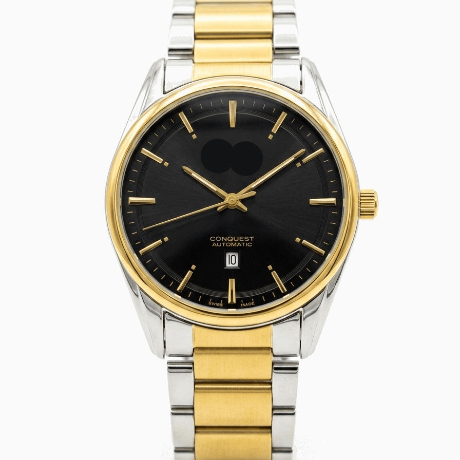 Two-tone stainless steel mens watch with black dial, gold hands, and hour markers