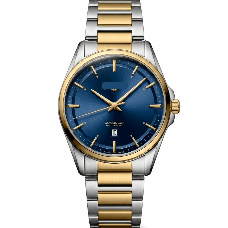 Two-tone stainless steel mens watch with black dial, gold hands, and hour markers