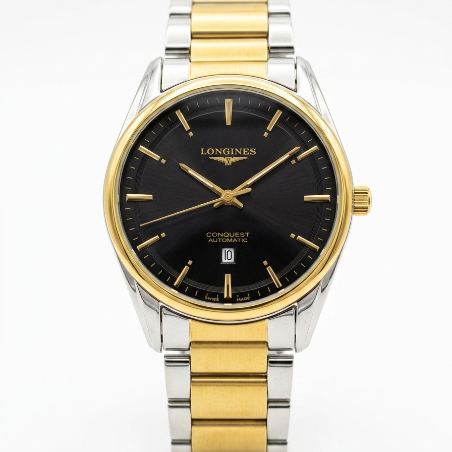 Longines men's stainless steel watch with black dial, gold-tone bezel, metal bracelet