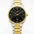 Longines men's stainless steel watch with black dial, gold-tone bezel, metal bracelet