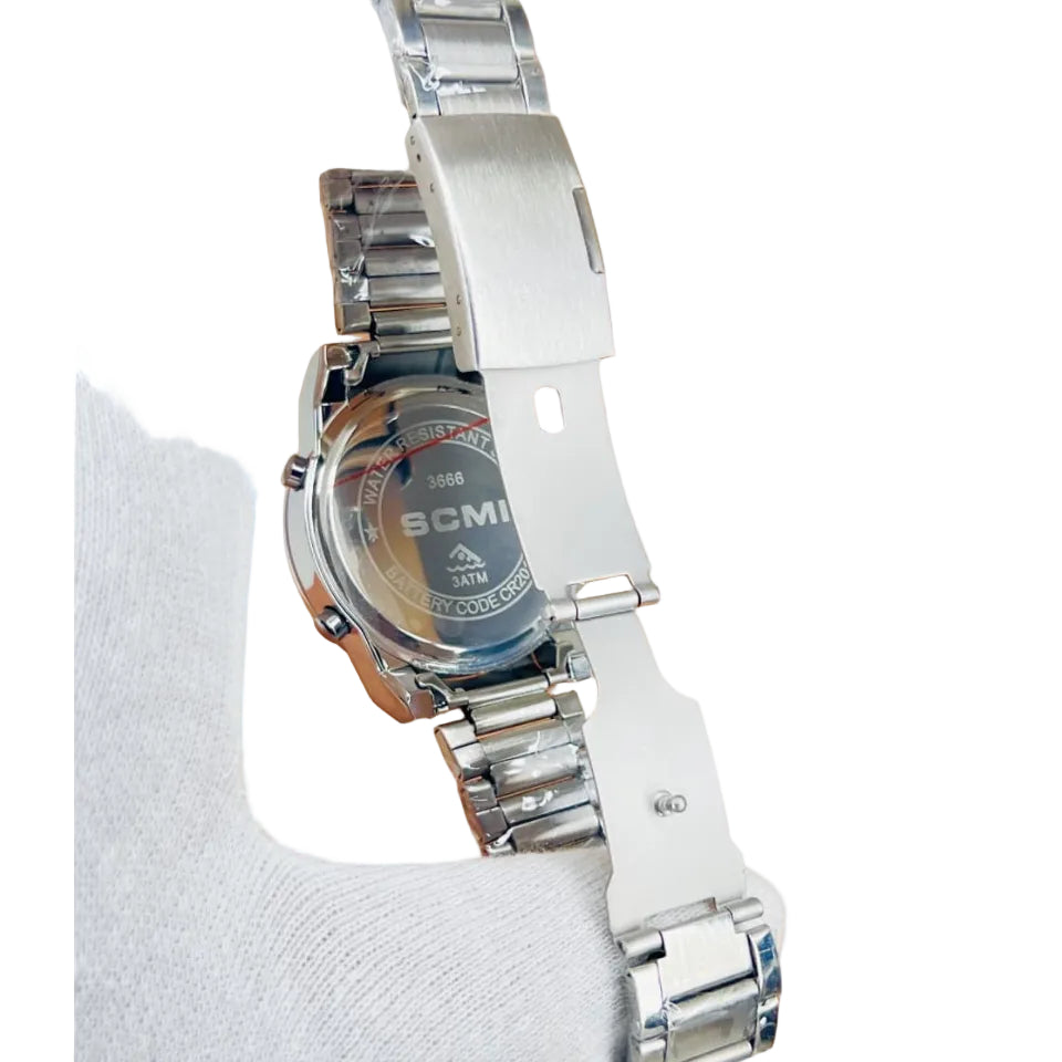 Men's stainless steel watch with bracelet, side view and crown detail