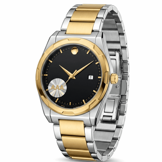Two-tone men's stainless watch, black dial with gold accents, link bracelet