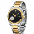 Two-tone stainless steel men's watch with black dial, gold hands, and link bracelet