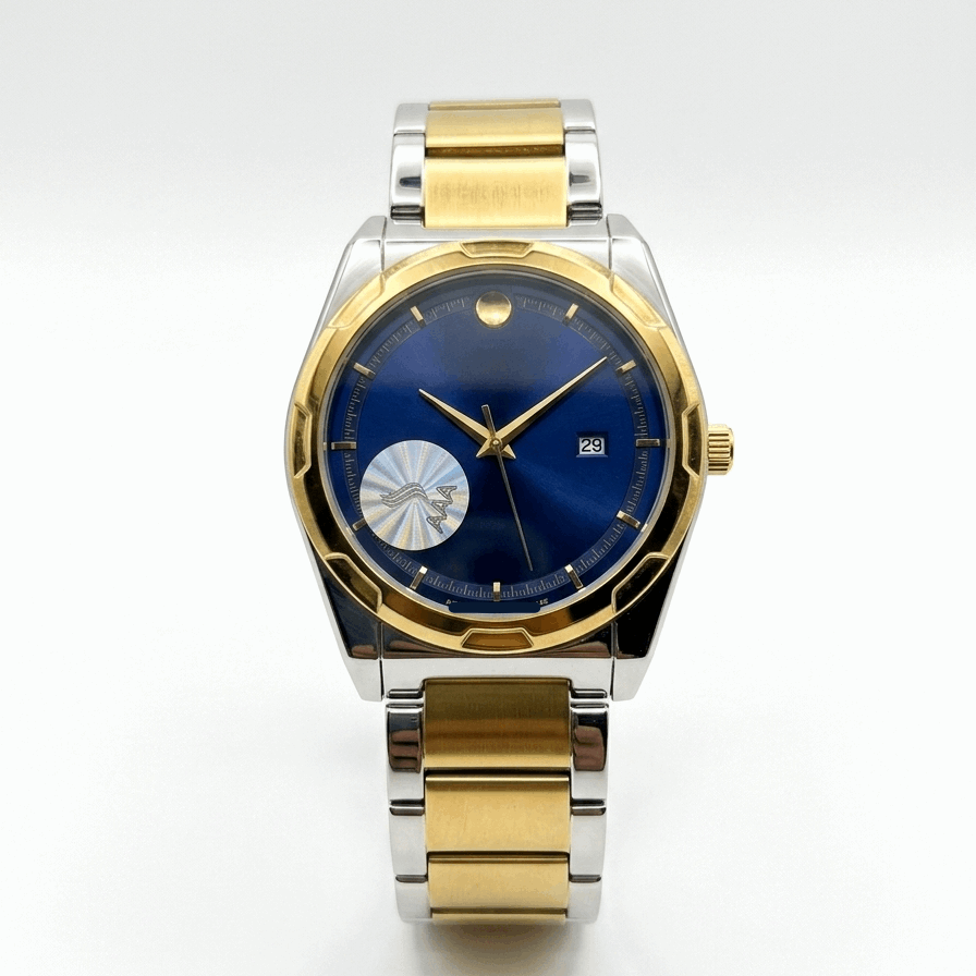 Two-tone men's stainless watch, black dial with gold accents, link bracelet