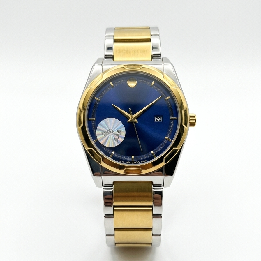 Two-tone stainless steel men's watch with black dial, gold hands, and link bracelet