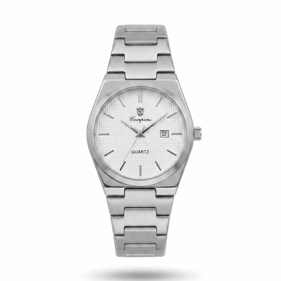 Stainless steel quartz watch with white dial, date window, metal link bracelet