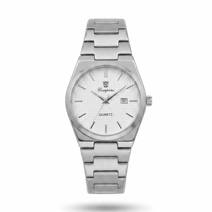 Stainless steel quartz watch with white dial, date window, metal link bracelet