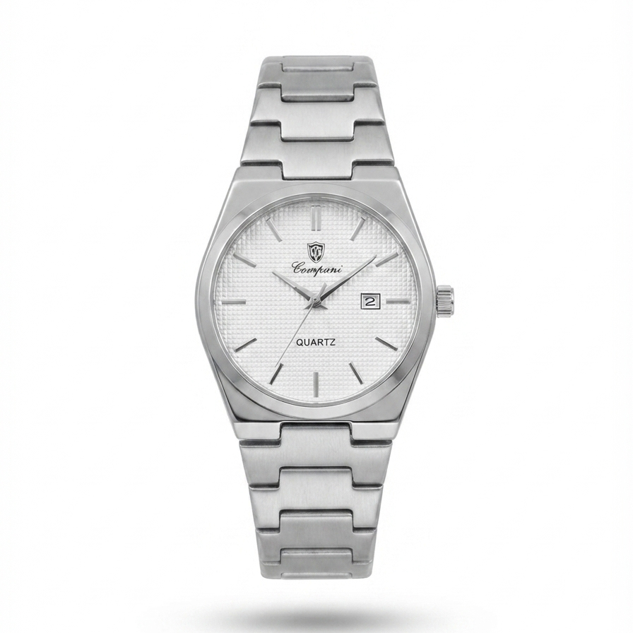 Stainless steel quartz wristwatch with silver dial and metal link bracelet