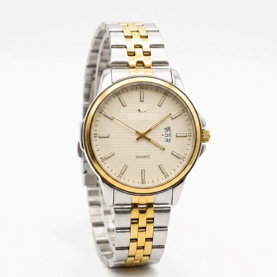 Men's round stainless steel watch, gold dial and gold-accent bracelet
