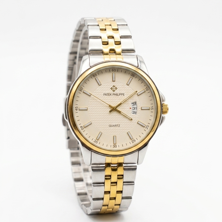 Patek Philppe round two-tone men's watch with gold bezel, date window, and silver strap
