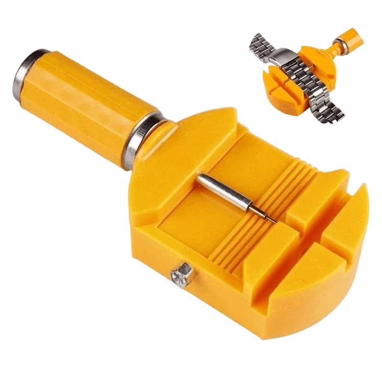Yellow watchband strap pin remover tool with metal adjustment rod and pin head