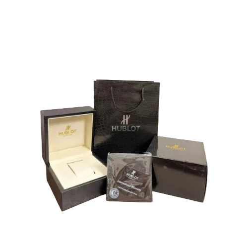 Hublot watch box set with open gray boxes, black logo bag, and authentication card