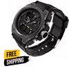 Dual time men's watch with black rubber strap, rugged black dial and metal bezel