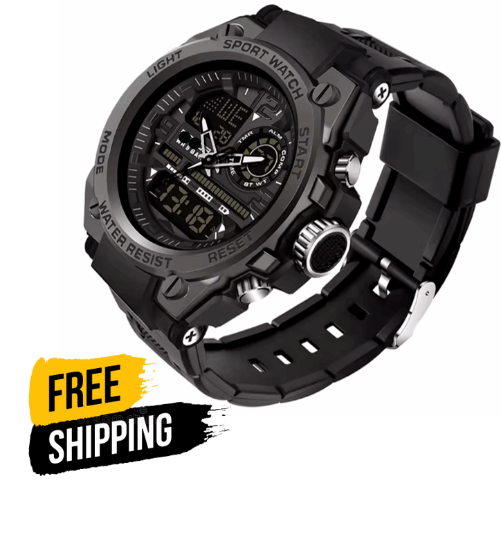 Dual time men's watch with black rubber strap, rugged black dial and metal bezel