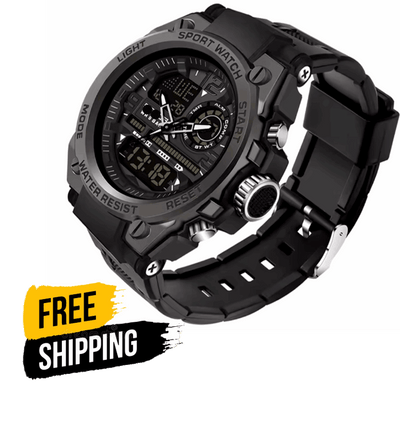 Dual time men's watch with black rubber strap, rugged black dial and metal bezel
