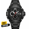 Black dual-time waterproof wristwatch with black bezel and red seconds hand