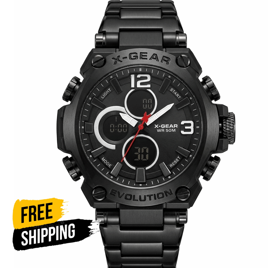 Black dual-time waterproof wristwatch with black bezel and red seconds hand