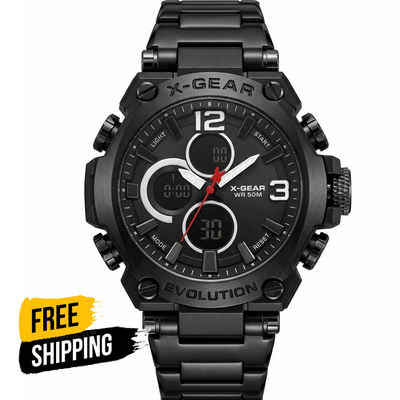 Black dual-time waterproof wristwatch with black bezel and red seconds hand