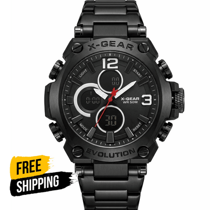 Black dual-time waterproof wristwatch with black bezel and red seconds hand