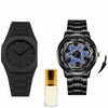 Men's black wristwatch with rectangular strap and dark face, simple hands