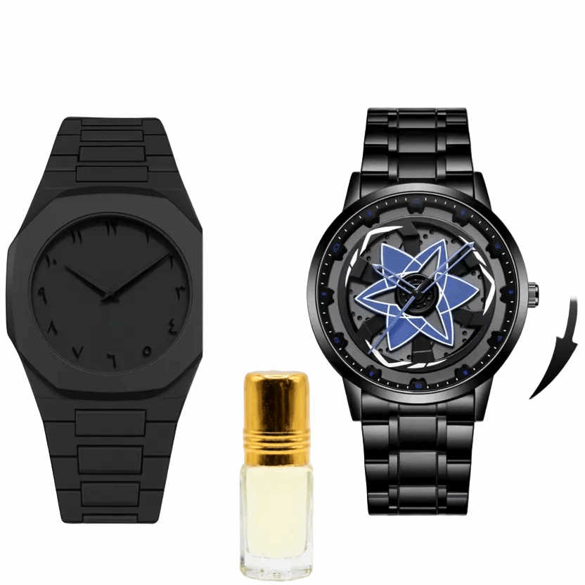 Men's black wristwatch with rectangular strap and dark face, simple hands