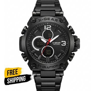 Black wristwatch with black multi-dial face and red second hand