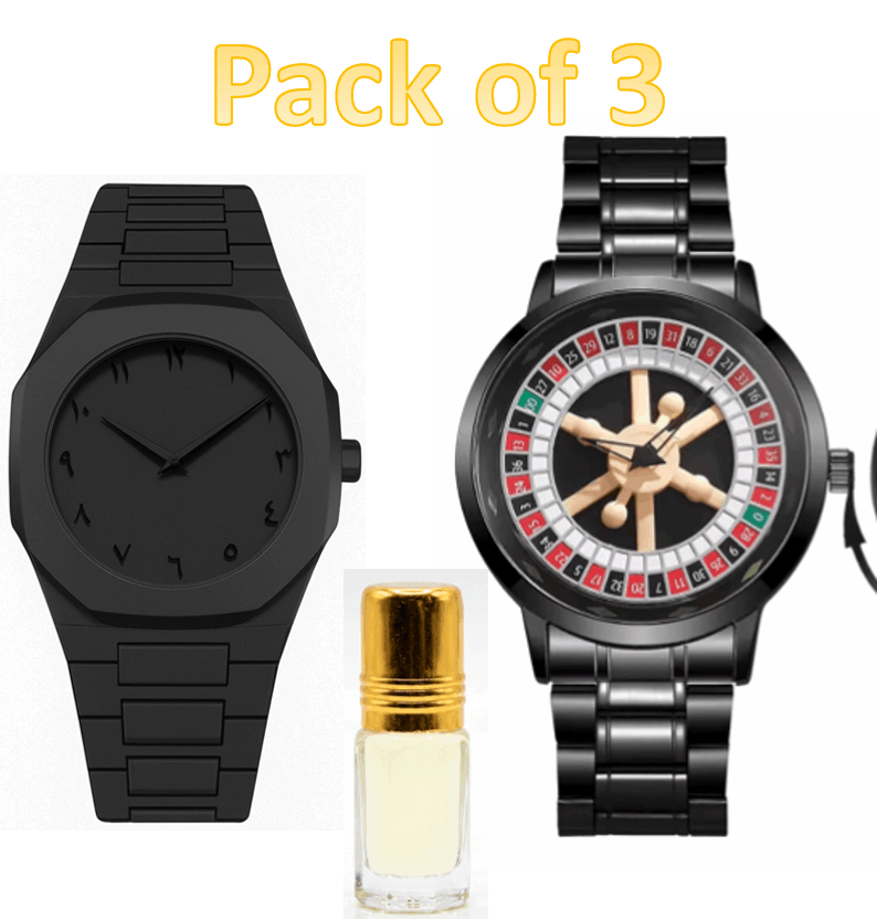 Men's black stainless steel wheel watch with roulette-style dial and rotating bezel