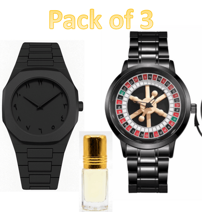 Men's black stainless steel wheel watch with roulette-style dial and rotating bezel