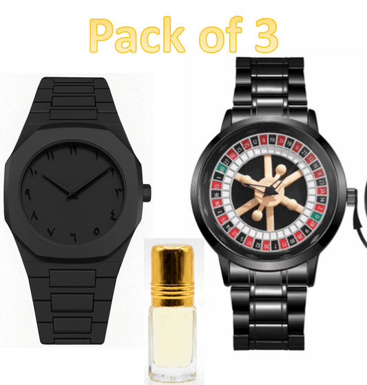 Men's black stainless steel wheel watch with roulette-style dial and rotating bezel