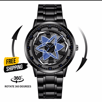 Men's black wristwatch with blue star-pattern dial and metal bracelet