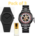 Men's rotating roulette wheel watch set: black strap and steel bracelet