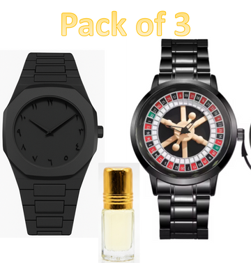 Men's rotating roulette wheel watch set: black strap and steel bracelet