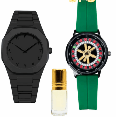 Men’s roulette-wheel dial watch with green silicone strap, black case