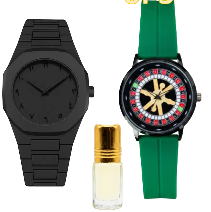Pair of men's rotating watches: black and green with gold casino dial and silicone straps