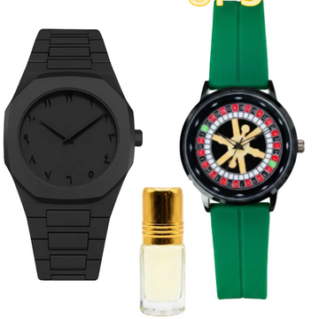 Pair of men's rotating watches: black and green with gold casino dial and silicone straps