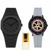 Men’s roulette-wheel dial watch with gray silicone strap, black case