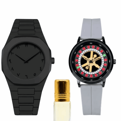 Men’s roulette-wheel dial watch with gray silicone strap, black case