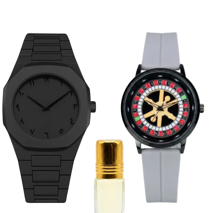 Pair of men's rotating watches: black and light gray with gold casino dial and silicone straps