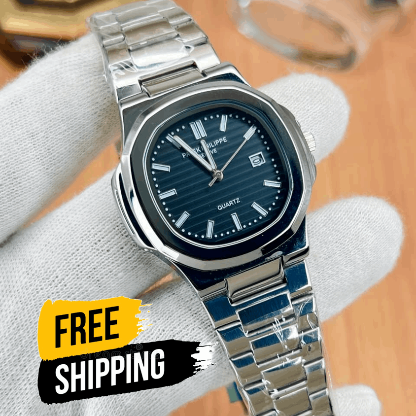 Men's stainless steel chain watch with black dial, baton markers, date window at 3