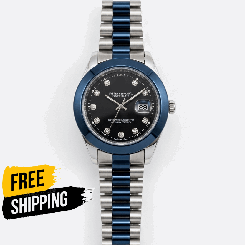 Men's fashion watch, black dial with date window 29, silver bracelet with blue links